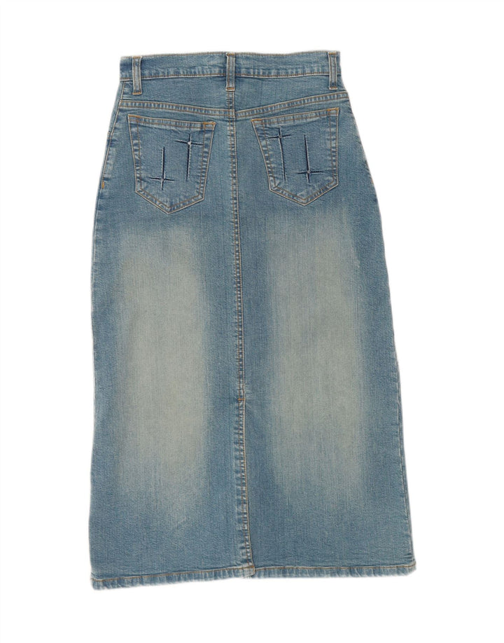 RETRO Womens Abstract Pattern Denim Skirt W26 Small Blue Cotton Vintage Retro and Second-Hand Retro from Messina Hembry 
