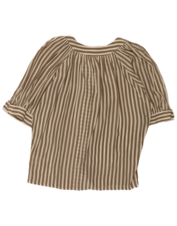 Vintage Damen Kurzarm-Hemdbluse IT 42 Mittelbraun gestreiftes Leinen