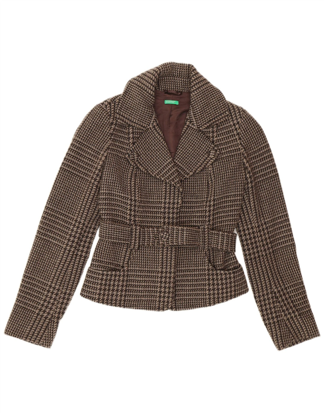 Benetton Damen-Blazerjacke mit Gürtel, IT 40, kleine braune Wolle mit Hahnentrittmuster
