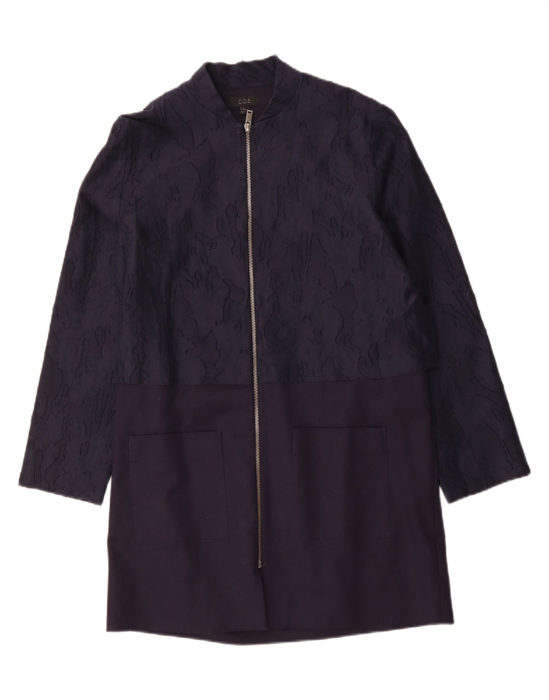 COS Damenmantel EU 40 Mittelmarineblaue Camouflage-Baumwolle