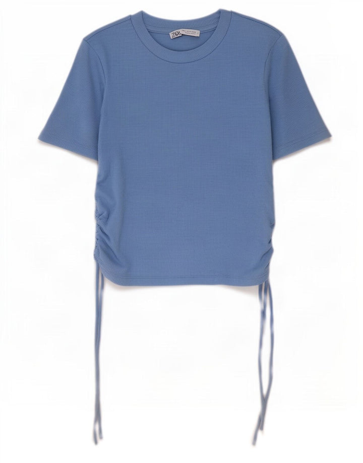 Zara Damen Crop Bluse Top UK 12 Mittelblaues Polyester