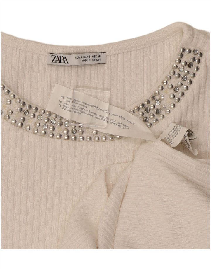 ZARA Damen Crop T-Shirt Top UK 8 Small Weiß Polyester