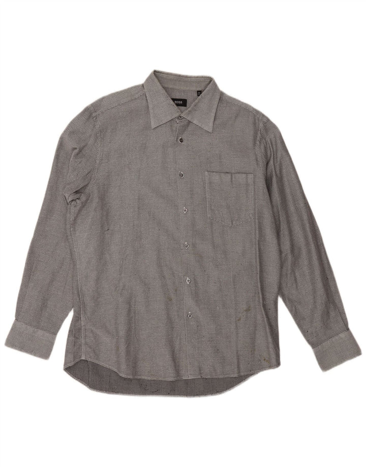 HUGO BOSS Herren-Flanellhemd, Größe 17 1/2 44 XL, graue geometrische Baumwolle