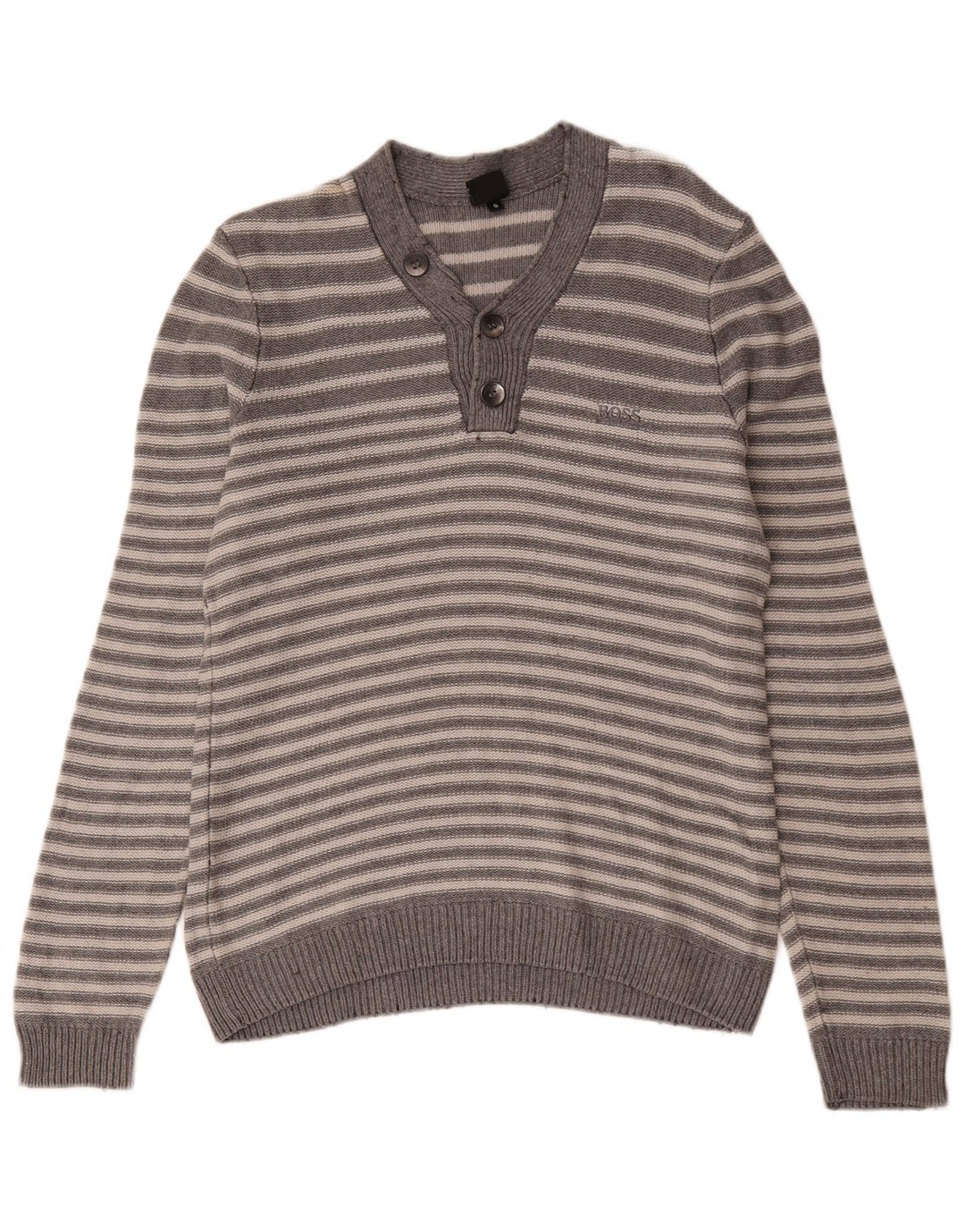 Hugo Boss Herren-Pullover mit V-Ausschnitt, klein, grau gestreift, Baumwolle