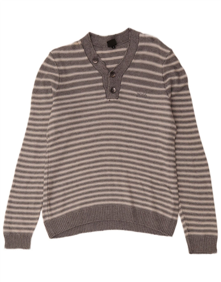 Hugo Boss Herren-Pullover mit V-Ausschnitt, klein, grau gestreift, Baumwolle