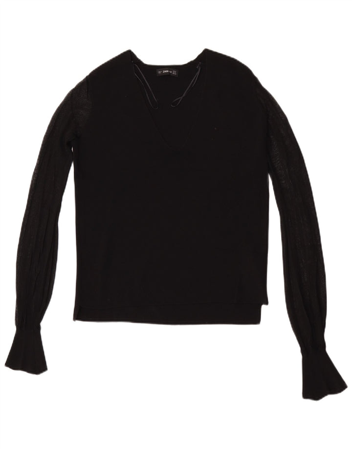 Zara Damen Top Langarm UK 10 Small Schwarze Viskose