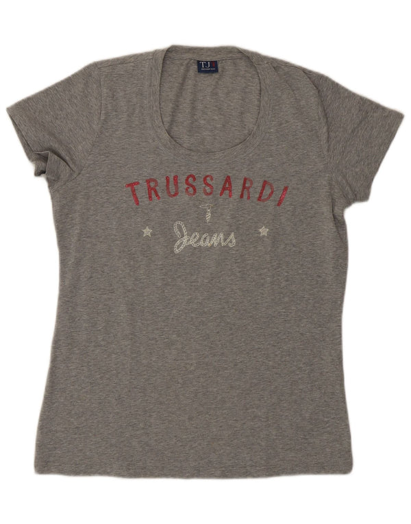 Trussardi Jeans Damen Grafik-T-Shirt-Oberteil UK 14 Large Grau Baumwolle