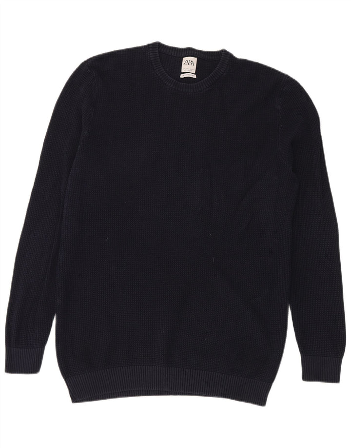 Zara Herren-Pullover mit Rundhalsausschnitt, groß, marineblaue Baumwolle