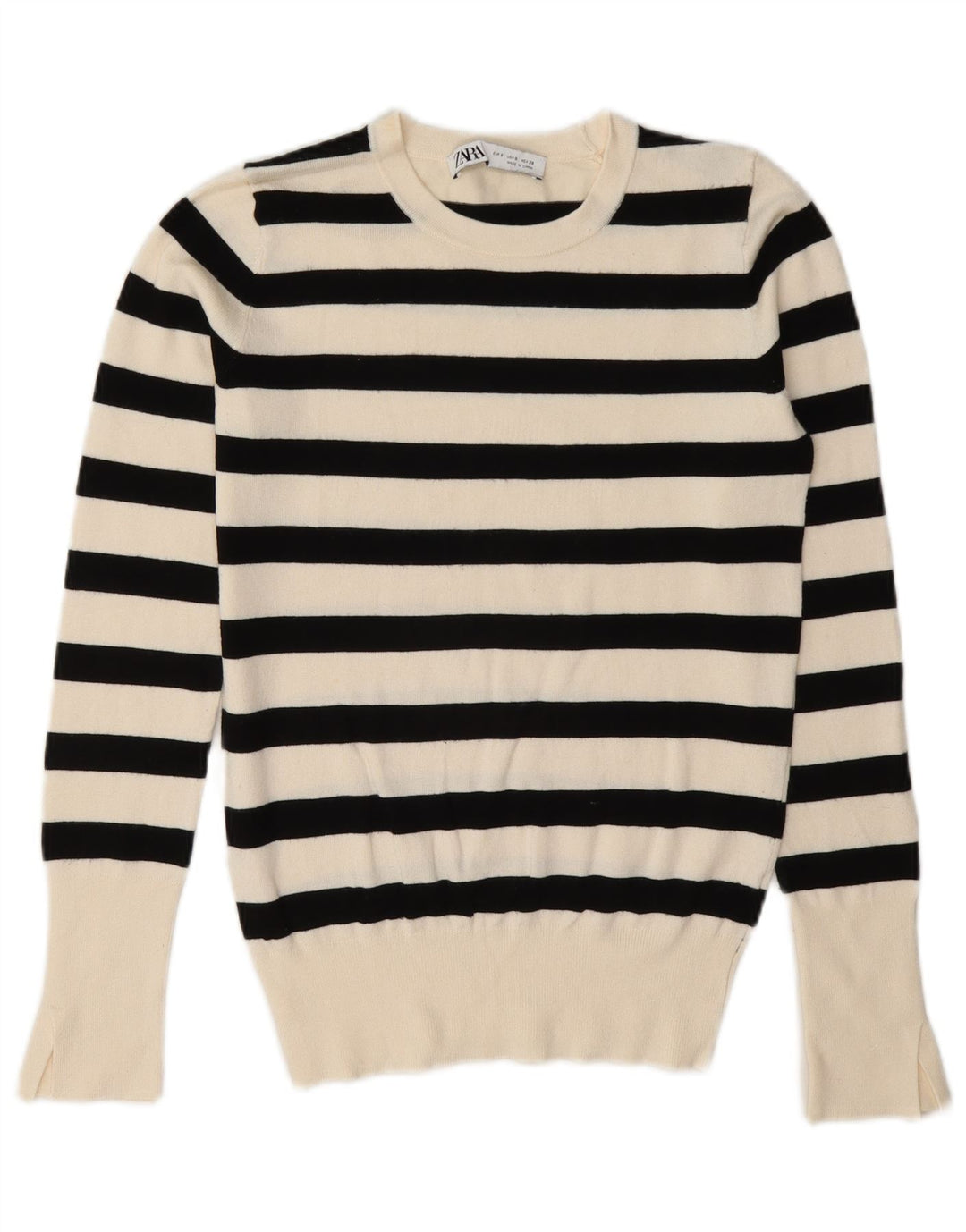 Zara Damen-Pullover mit Rundhalsausschnitt, Gr. 10, Größe S, weiß gestreift