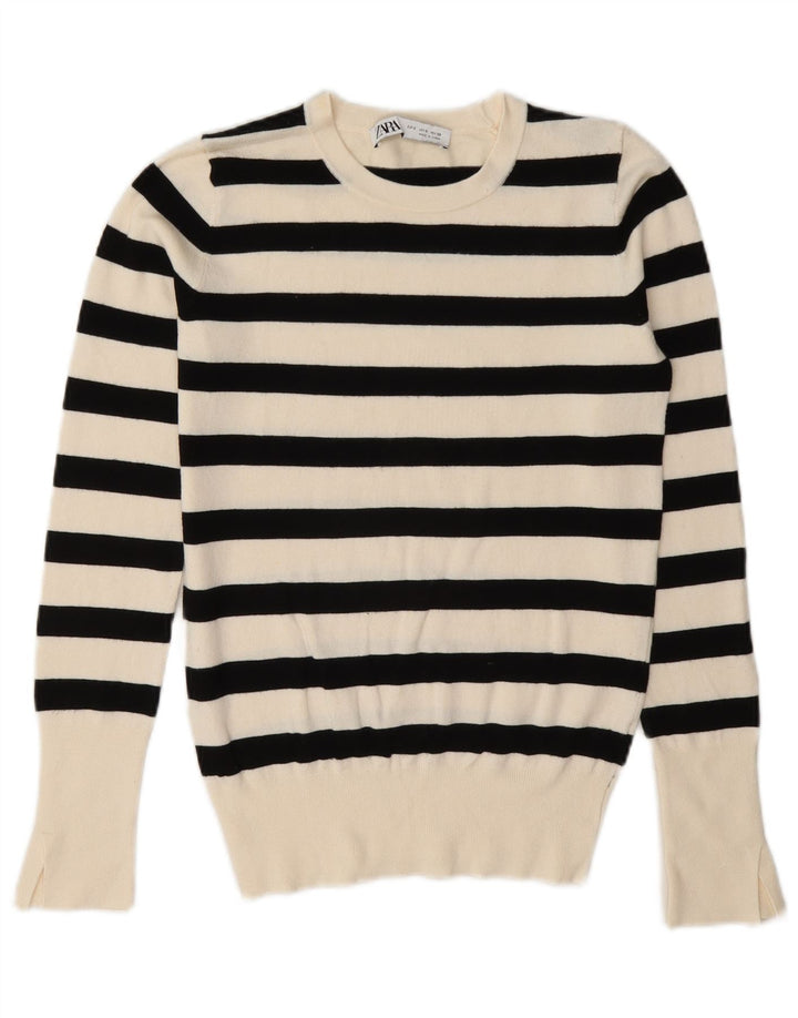 Zara Damen-Pullover mit Rundhalsausschnitt, Gr. 10, Größe S, weiß gestreift