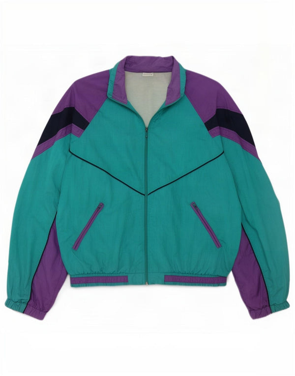 Vintage Womens Tracksuit Top Jacket UK 16 Large Green Colourblock Retro