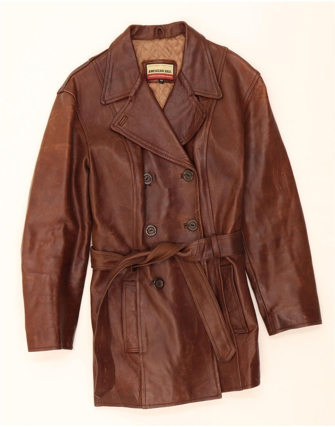 AMERICAN BASE Womens Double Breasted Coat UK 12 Medium Brown Leather Vintage American Base and Second-Hand American Base from Messina Hembry 