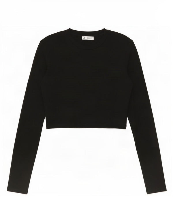 Zara Damen Crop Top Langarm UK 12 Medium Schwarz