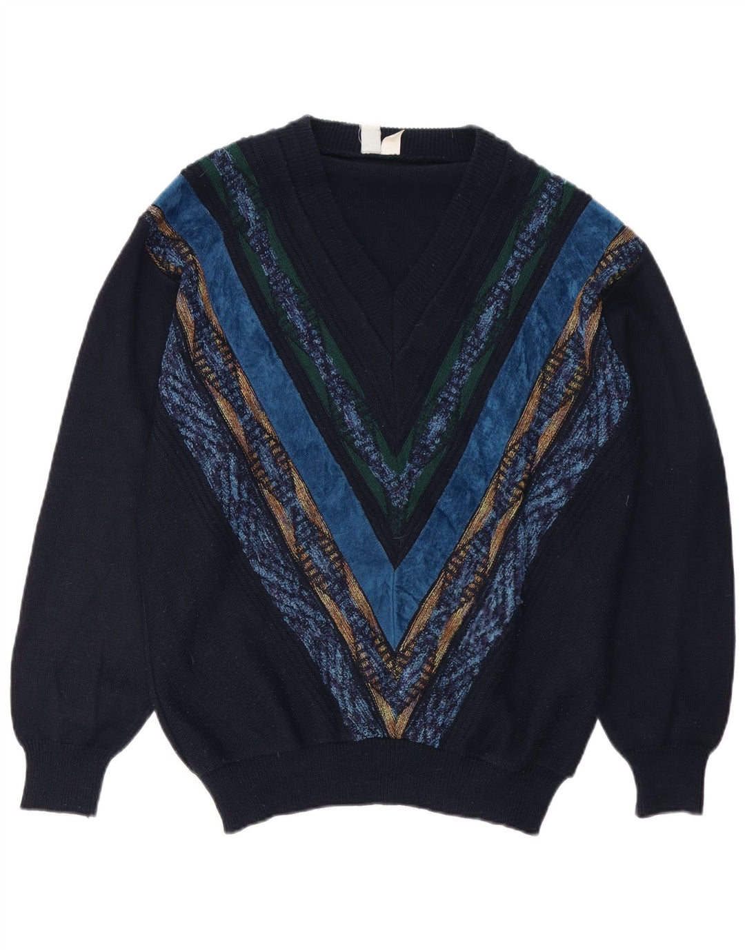 Vintage Herren Pullover mit V-Ausschnitt, groß, marineblau, geometrisch, Polyacryl