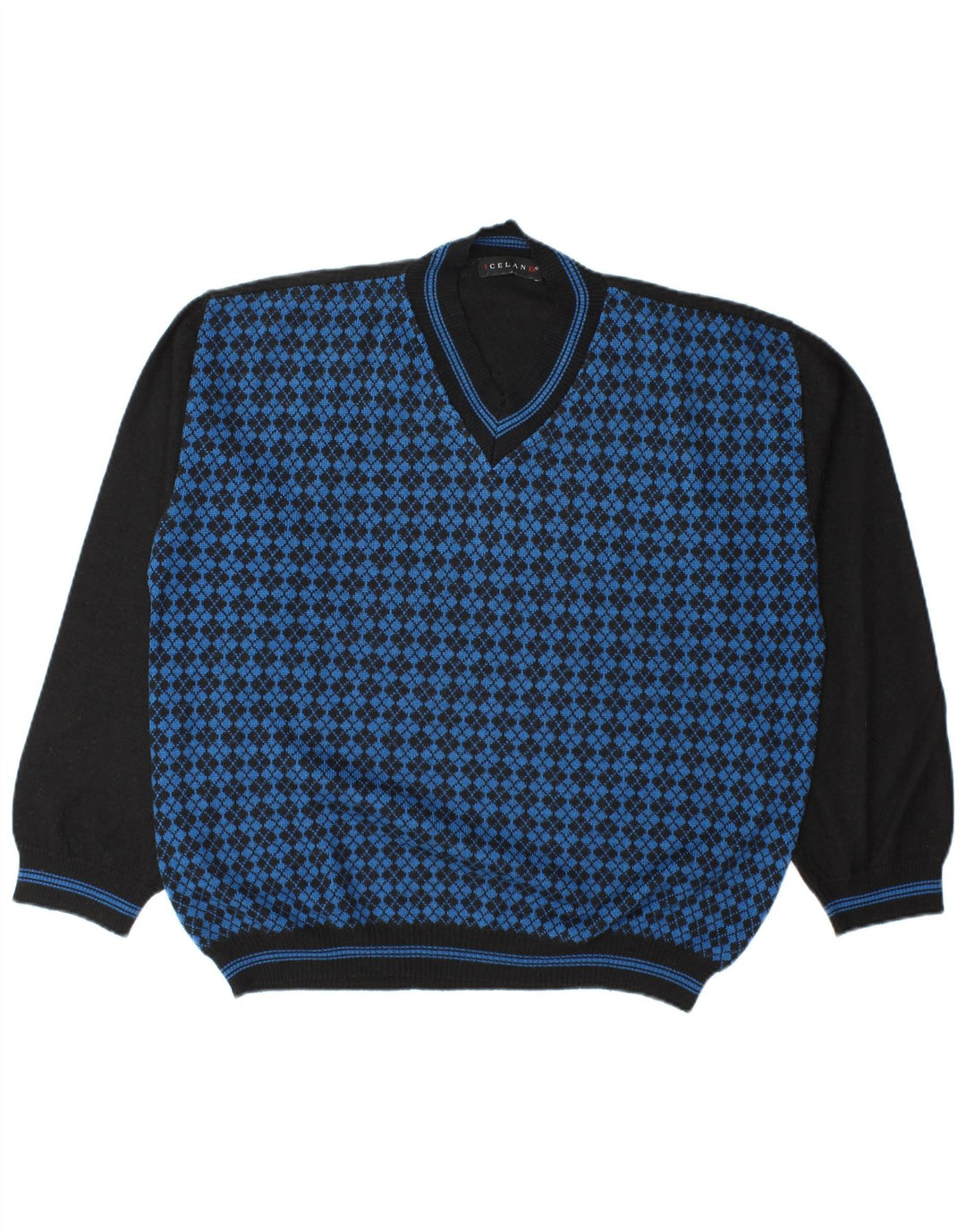 Island Herren-Pullover mit V-Ausschnitt, XL, blaue Argyle-/Diamantwolle