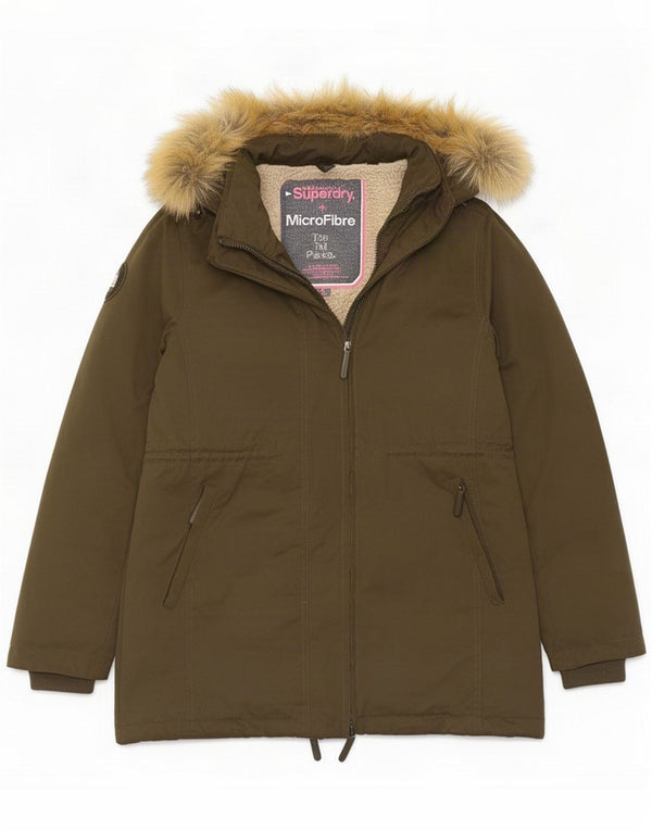 Superdry Damen-Parka mit Kapuze, UK 16, groß, Khaki, Polyester