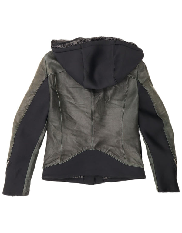 Delan Damen-Bikerjacke aus Leder mit Kapuze, IT 42, Mittelgrün, Farbblock