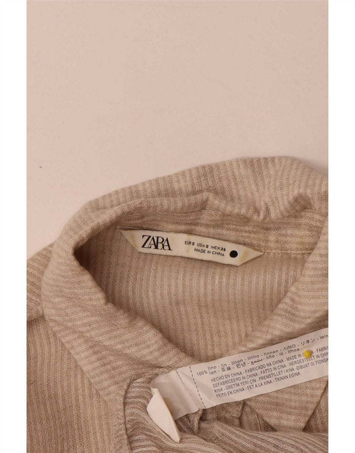Zara Damenhemd UK 10 Small Beige Gestreiftes Leinen