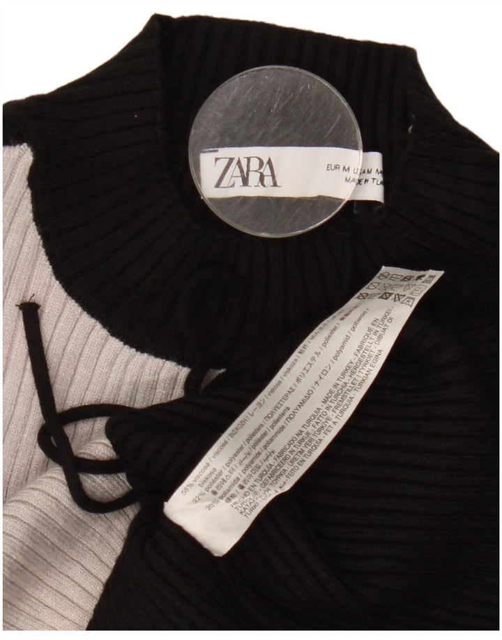 Zara Damen Crop Top Langarm UK 12 Mittelschwarz Colourblock Viskose