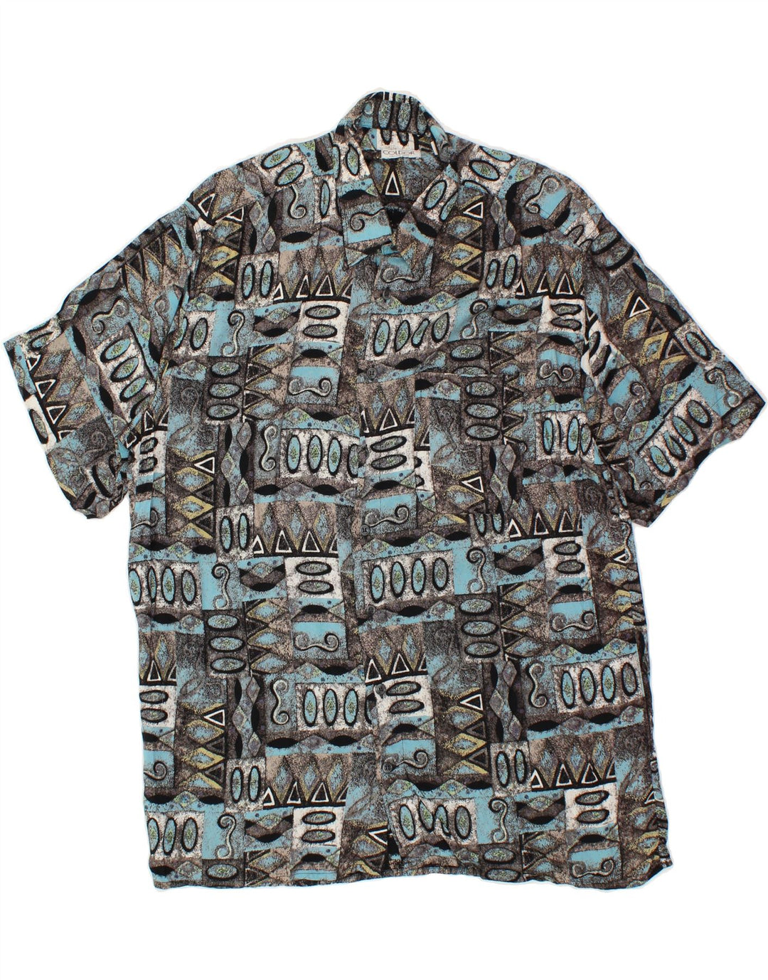 VINTAGE Mens Abstract Pattern Short Sleeve Shirt Large Blue Viscose Vintage Vintage and Second-Hand Vintage from Messina Hembry 