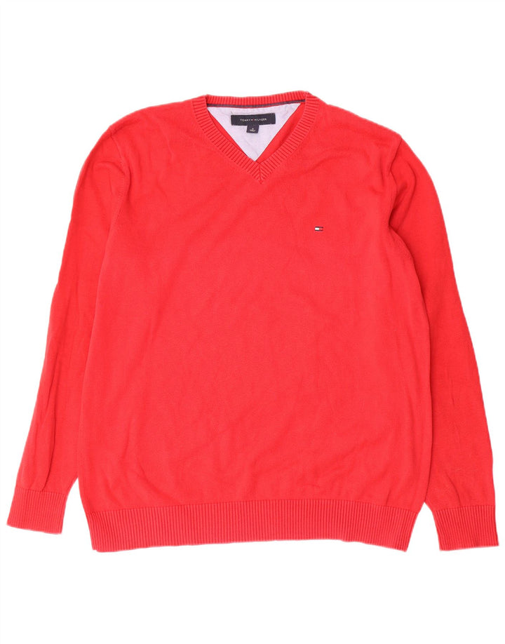 Tommy Hilfiger Herren-Pullover mit V-Ausschnitt aus mittelroter Baumwolle