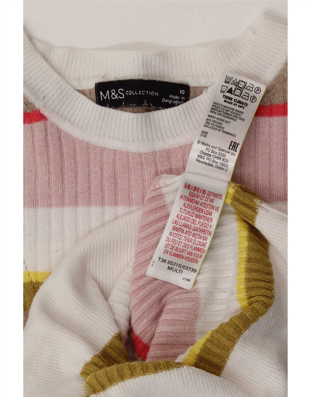 Marks & Spencer Damen Crop T-Shirt Top UK 10 Small Mehrfarbig gestreift
