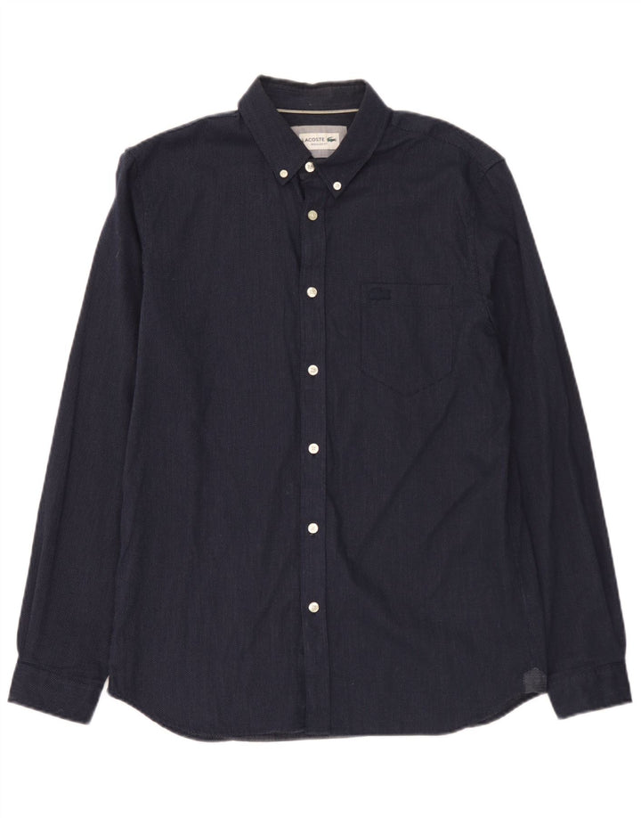 Lacoste Herren-Hemd mit normaler Passform, Größe 40, mittelmarineblau gefleckte Baumwolle
