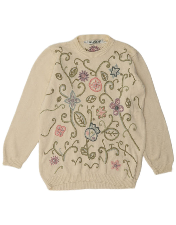 Vintage Womens Crew Neck Jumper Sweater UK 10 Small Off White Floral