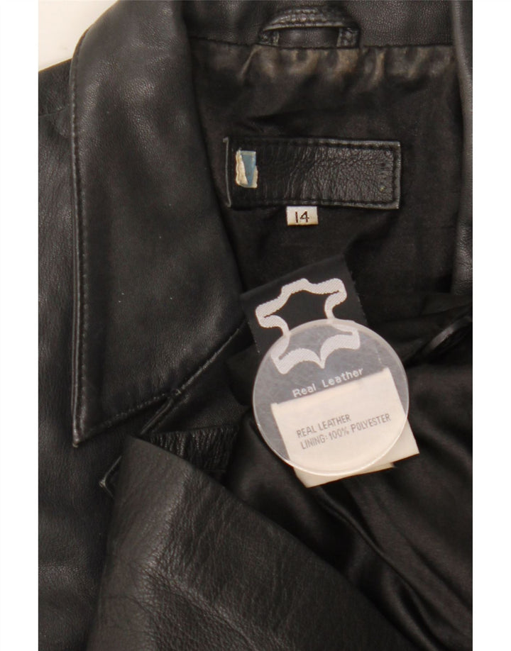 Vintage Damen 3 Knopf Leder Blazer Jacke UK 14 Großes schwarzes Leder