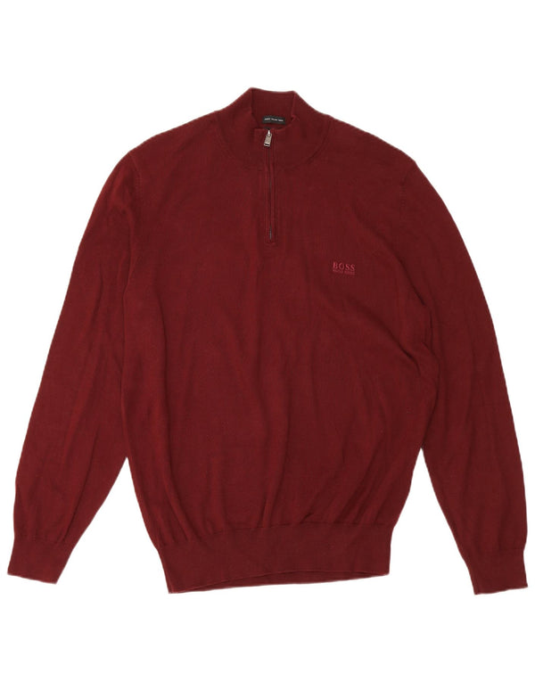 Hugo Boss Herren-Pullover mit Reißverschluss am Hals, groß, burgunderfarbene Baumwolle