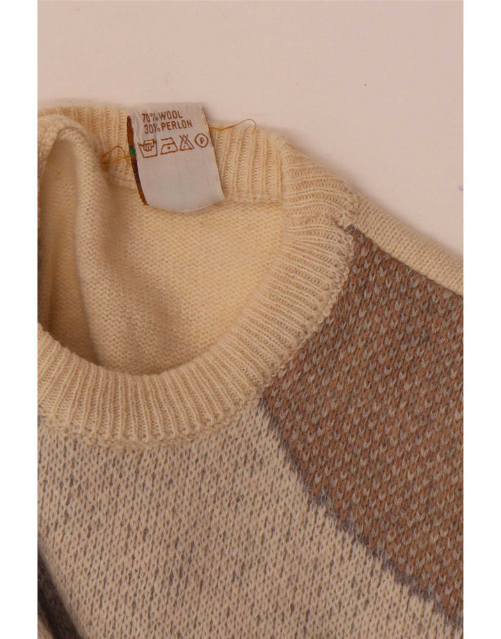 Vintage Herren-Pullover mit Rundhalsausschnitt, mittelgroß, aus weißer, geometrischer Wolle