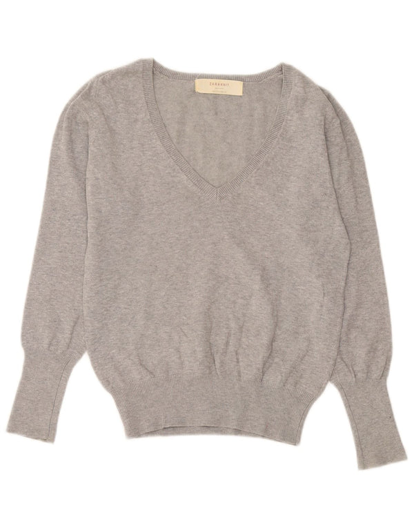 Zara Damen-Pullover mit V-Ausschnitt, Gr. 44, Größe L, grau gefleckte Baumwolle