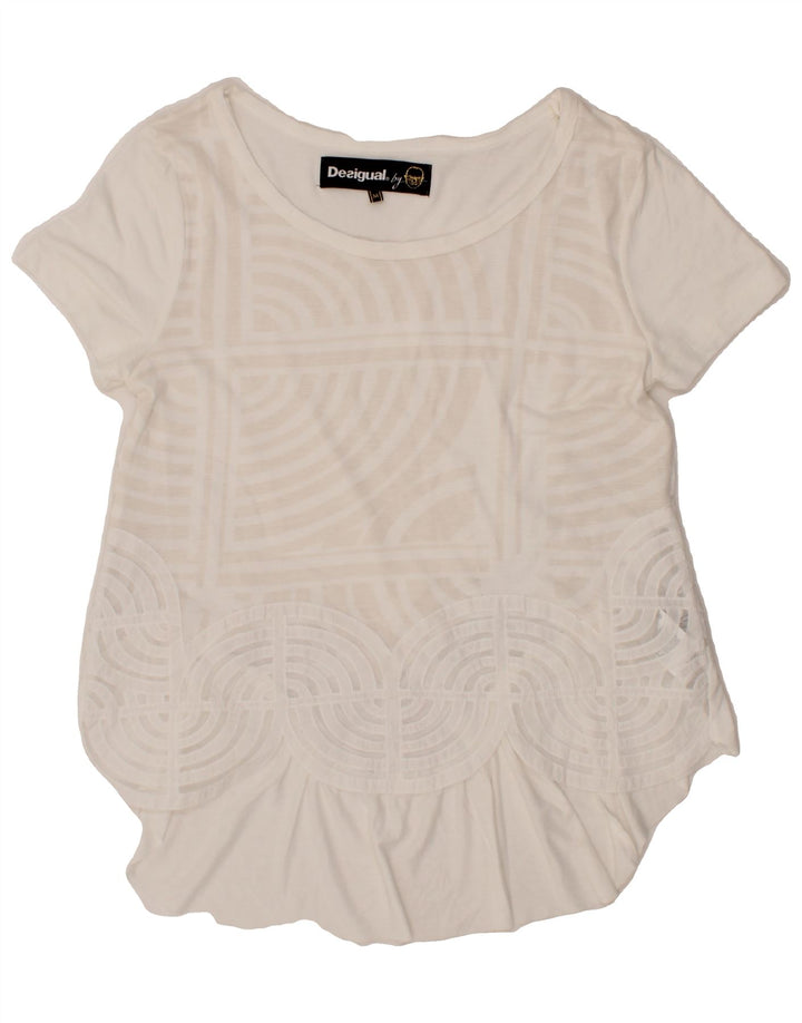 DESIGUAL Womens Asymmetric Blouse Top UK 12 Medium White Geometric Vintage Desigual and Second-Hand Desigual from Messina Hembry 