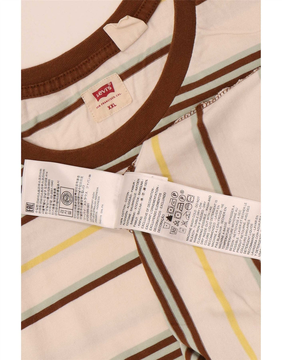 Levi's Herren-T-Shirt-Oberteil 2XL aus cremefarbener, gestreifter Baumwolle