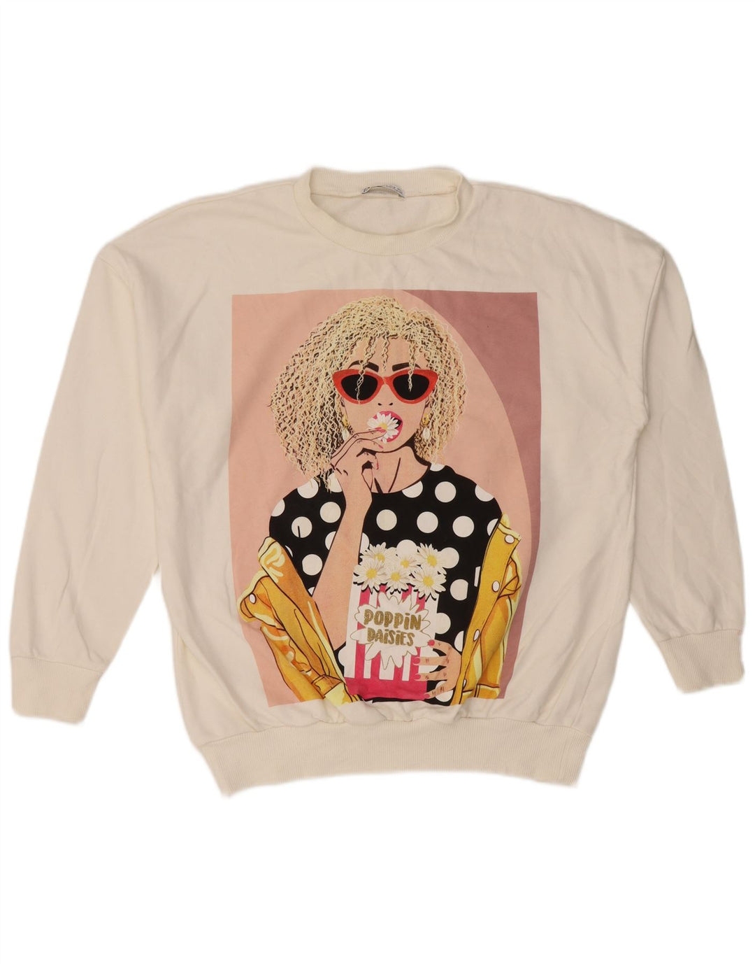 Zara Damen-Sweatshirt mit Grafik, übergroß, Größe S, Weiß, Baumwolle, UK 10