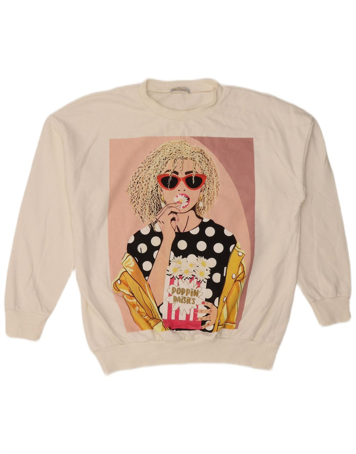 Zara Damen-Sweatshirt mit Grafik, übergroß, Größe S, Weiß, Baumwolle, UK 10