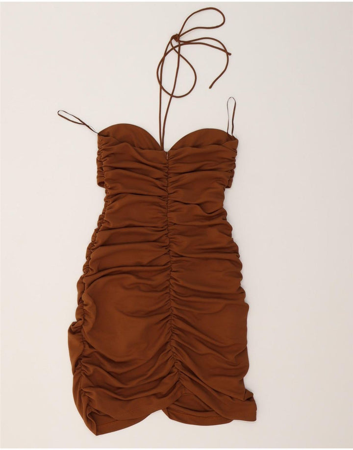 Zara Damen Neckholder-Bodycon-Kleid UK 12 Mittelbraunes Polyester