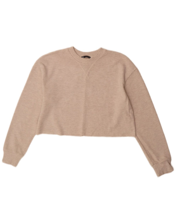 Zara Damen Crop Top Langarm UK 14 Medium Beige Polyester