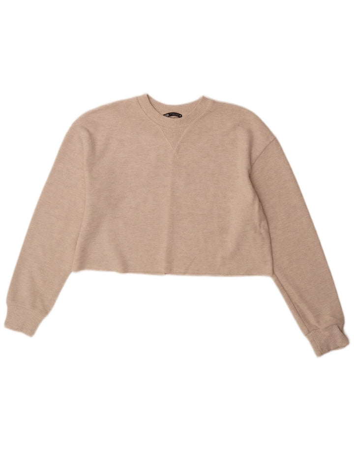 Zara Damen Crop Top Langarm UK 14 Medium Beige Polyester