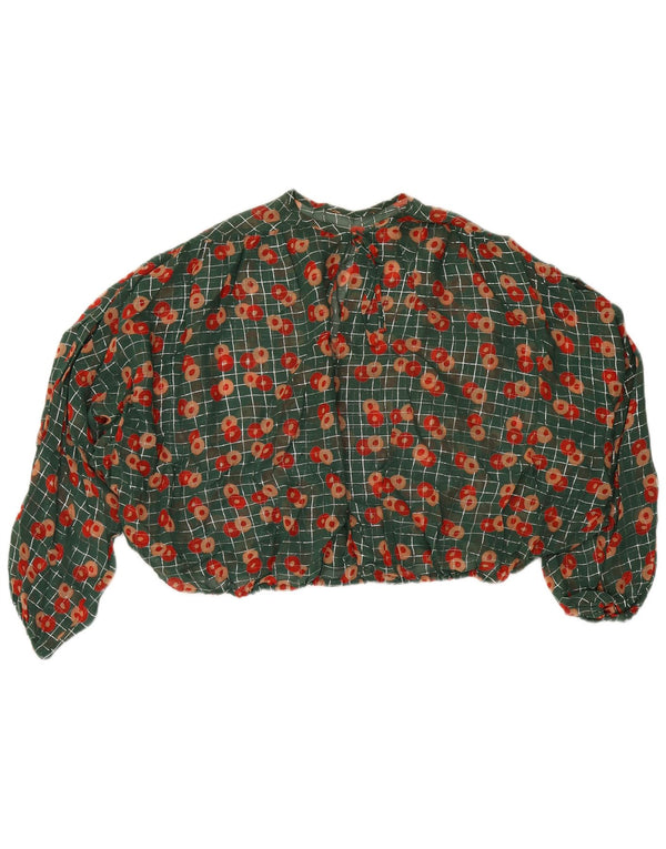 Vintage Damen Oversized Crop Bluse Top UK 14 Mittelgrün geblümt