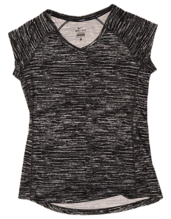 Nike Damen Dri Fit T-Shirt Top UK 12 Mittelschwarz geflecktes Polyester
