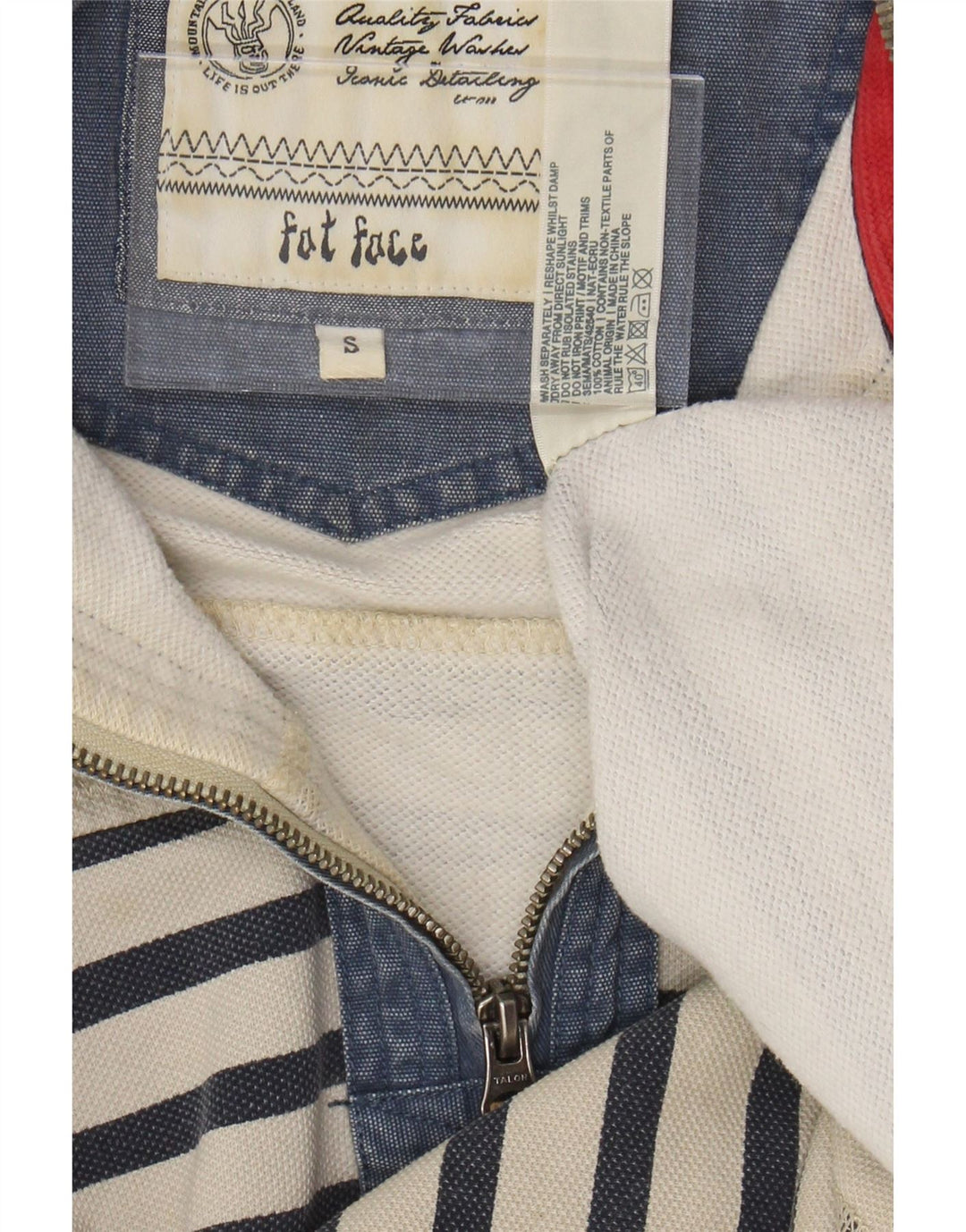 FAT FACE Herren-Sweatshirt mit Reißverschluss am Hals, Größe S, cremefarben, gestreift, aus Baumwolle