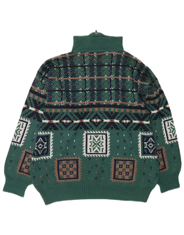 Vintage Herren-Pullover mit Reißverschluss, groß, grün, geometrisch, Polyacryl