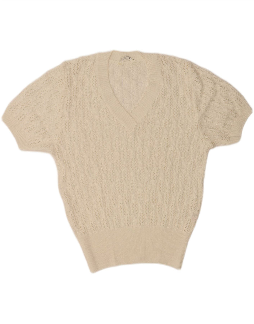 VINTAGE Womens Short Sleeve V-Neck Jumper Sweater EU 38 Medium White Vintage Vintage and Second-Hand Vintage from Messina Hembry 