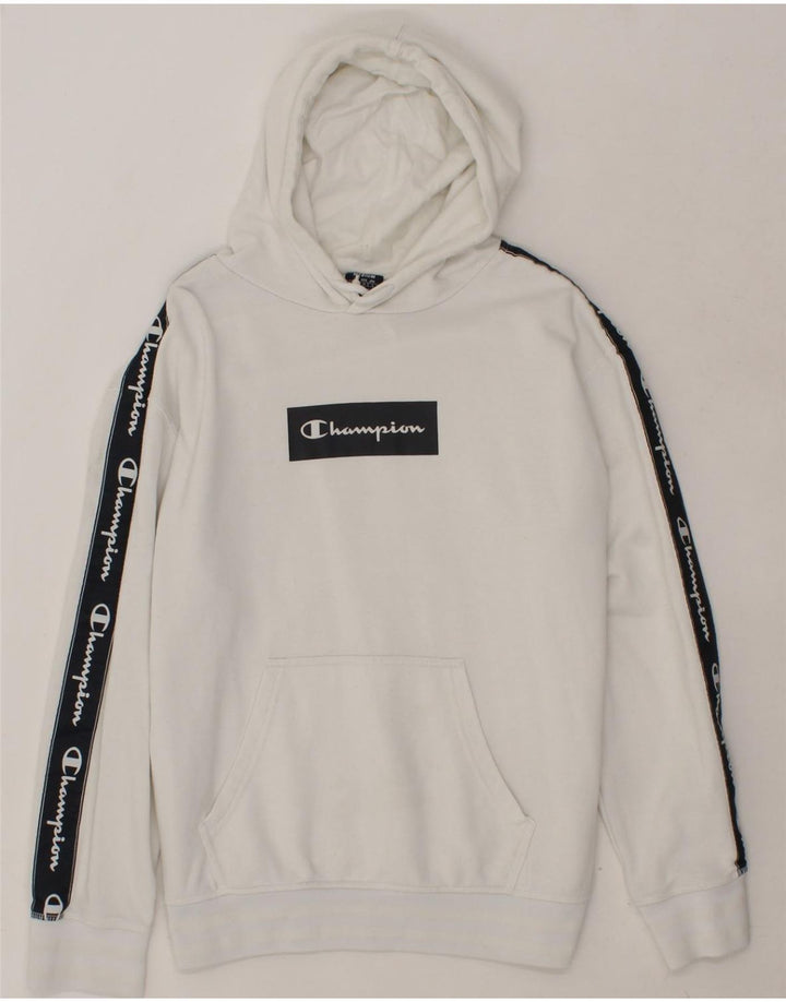 CHAMPION Mens Graphic Hoodie Jumper Medium White Colourblock Cotton Vintage Champion and Second-Hand Champion from Messina Hembry 