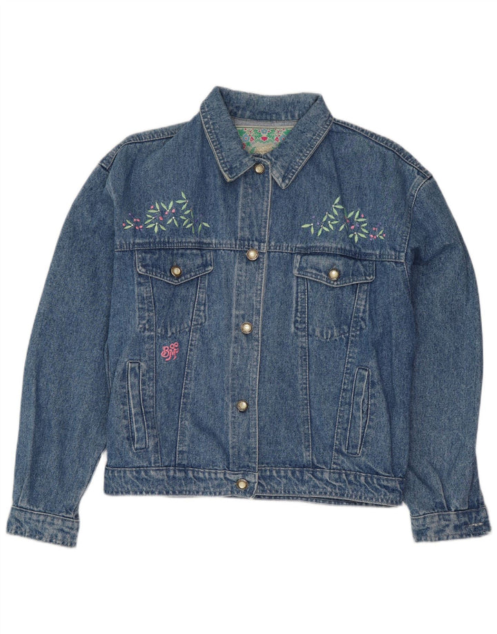 VINTAGE Damen Graphic Crop Denim Jacke UK 14 Large Blau