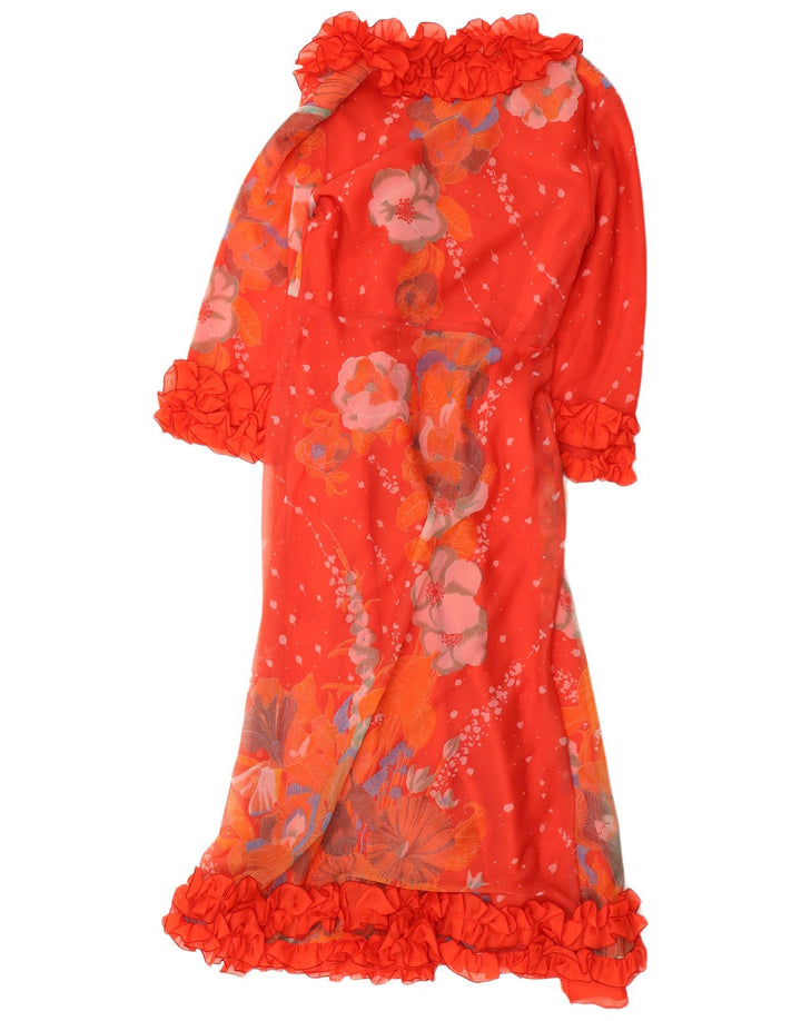 VINTAGE Maxikleid mit Rüschen für Damen, UK 12, mittelrot, geblümt