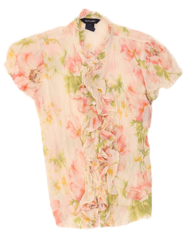 Ralph Lauren Damen Kurzarm-Hemdbluse US 14 XL Weiß geblümt