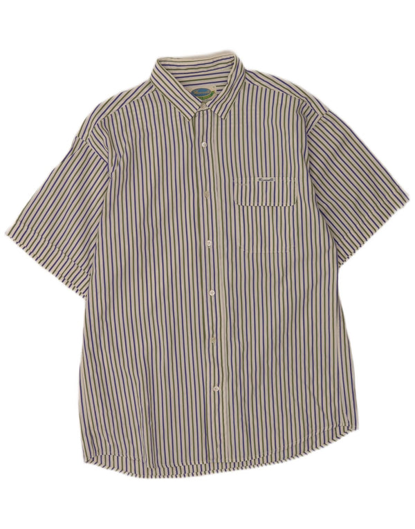 Faconnable Mens Short Sleeve Shirt Medium Off White Striped Cotton