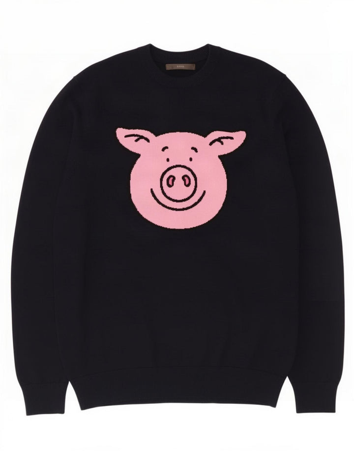 Marks & Spencer Herren-Pullover mit grafischem Rundhalsausschnitt, mittelschwarz, Baumwolle